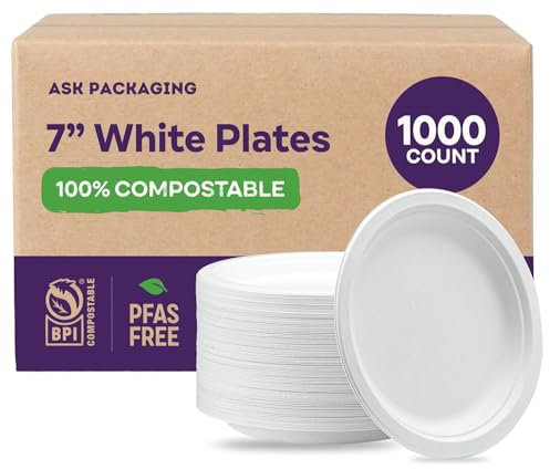Paper Plates 7 Inch [1000 Count] – 100% Compostable Bagasse Plates | Heavy Duty White Sugarcane Plate, Eco-Friendly, Biodegradable, Plastic-Free Disposable Plate for Parties, Catering & Events