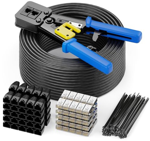 deleyCON 100m Cable de Instalación CAT7 Incl. Alicates para Crimpar Brida para Cables & 50 Conectores RJ45 - S/FTP 600 MHz 10 Gbit/s AWG 26 BC Cobre - Resistente a la Intemperie - Negro