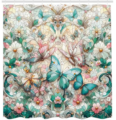 ABAKUHAUS Tenda da doccia Vintage, Aura primaverile Farfalla danzante giardino Margherita con stampa in vetro colorato, Tessuto in tessuto con gancio, 175 per 200 cm, acqua, fard, bianco sporco
