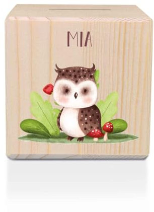 GRAVURZEILE Spardose aus Holz - Waldtiere - mit Namen personalisiert - Personalisierte Geschenke für Mädchen & Jungen zum Geburtstag Kommunion Einschulung - Geschenk für Kinder - Eule