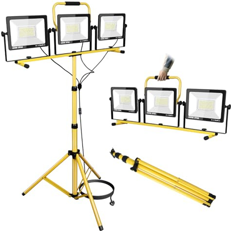 RIGIDON Tripod LED Work Light, 300W Three Head Portable Job Site Light | Plug in Folding Floodlight, 5M Power Cable, 175-265V, 30000LM, IP66 Waterproof, Construction Lamp for Workshop, Garage