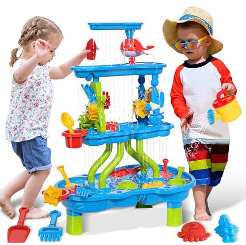 deAO Sand- Und Wasserspieltisch Outdoor Spielzeug für Kinder, 4-Tier Sommer Aktivitäten Spieltisch mit Strandformen Zubehör, Garten Strandspiel-Aktivitätsset für Jungen Mädchen 3 4 5 6 7 8 Jahre Alt