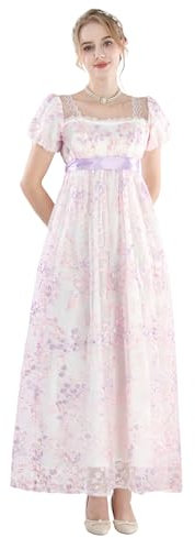 FCCAM Longue robe empire de bal de style vintage et victorien, inspirée de Jane Austen au temps de la régence anglaise, avec gants inclus, pour femme, XL