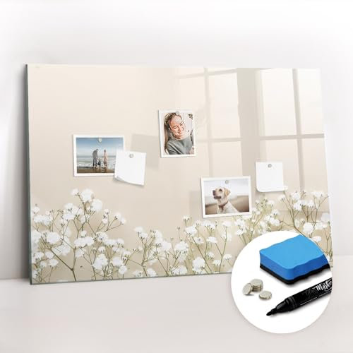 Tulup Glasplatte Tafel abwaschbar Wandtafel Magnetpinnwand 90x60 mit Magneten und Stift Magnetisch Magnettafel zum Beschriften Schreibtafel mit Motiv - Blühende Blumen