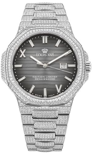 LOUIS XVI Renaissance 1622 - Ø 40 mm - Herren Uhr - Wasserdicht - Saphirglas - Armband Silber - Iced Out CZ-Diamanten - Zifferblatt Grau - CH Quarzwerk