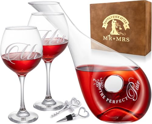 XmanKing Wedding Engagement Gifts for Couples, Wedding Wine Glasses & Wine Decanter Set Engraved with Mr and Mrs for Bridal Shower Gifts Christmas Housewarming Gifts 2024