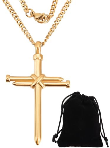 Beebeecraft Collana con Croce A Forma di Chiodo 304 catena In Acciaio Inossidabile Da 19.7 pollici con Ciondolo A Forma di Croce Dorata con Custodia In Velluto per Regalo Da Uomo