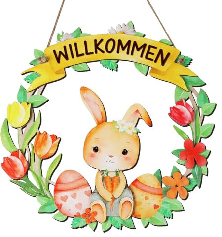 BETESSIN Türschild Ostern - Willkommensschild mit niedlichen Osterhase & Osterkranz Motiv - Osterdeko Holz - Osterdekoration zum Aufhängen - Osterschild für Haustür, Fenster, Wand, Garten uvm.
