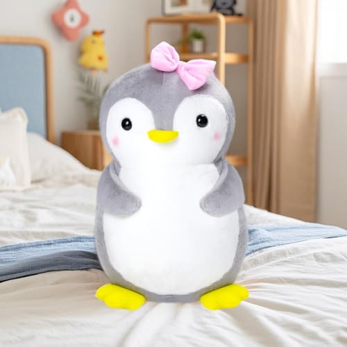 Celawork Doudou pingouin, en peluche mignon, cadeau nœud rose, 35 cm + carte de vœux exquise