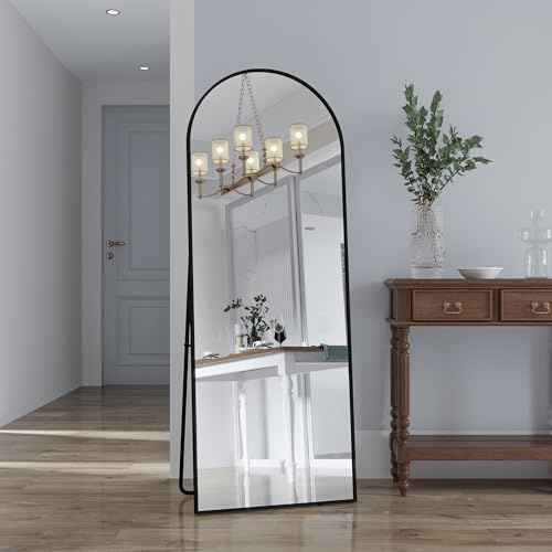 BursDany Miroir sur Pied Arqué 162x53 cm - Grand Miroir Mural avec Cadre Aluminium Multi-Fonction (Suspendu/Posé/Appuyé), Miroir Pleine Longueur pour Salle de Bain, Chambre, Entrée ou Salon, Noir