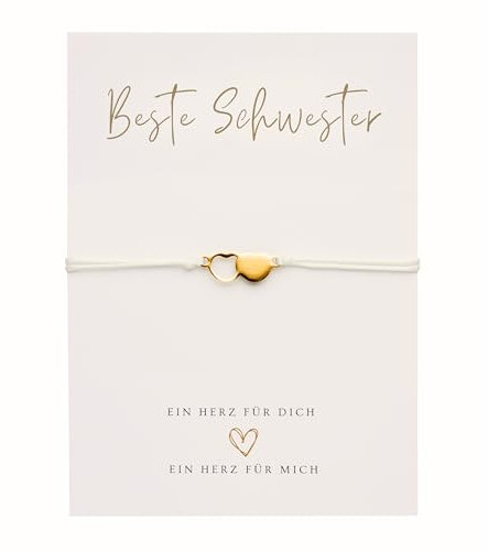 Briefzauber Beste Schwester Geschenk: Set aus Herz-Armband & Karte | Schlichtes & minimalistisches Makramee-Armband | Schwesterherz, Geschwisterliebe (Motiv: Schwester - Gold)