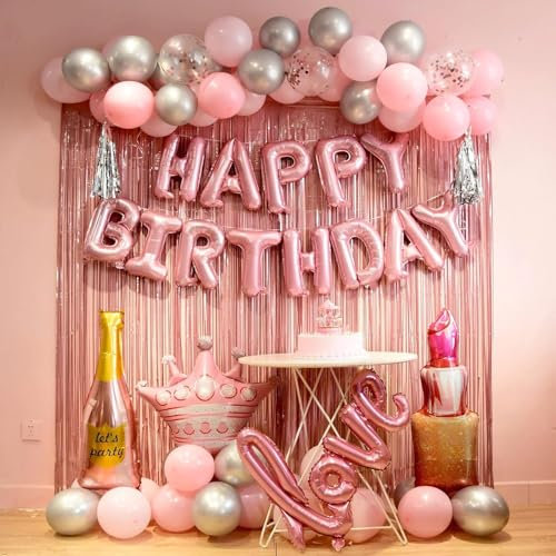 Decorazioni di compleanno rosa per donne, ragazze, tenda con frange rosa, banner di buon compleanno, palloncini, lettere a palloncino (rosa)