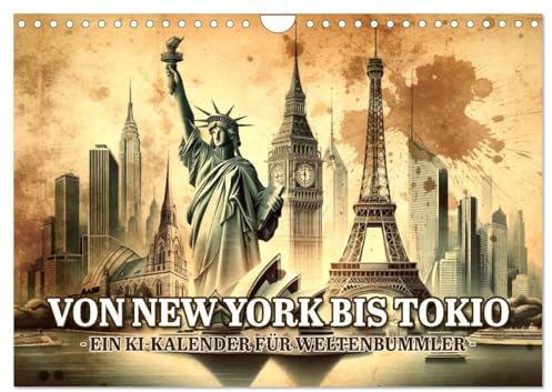 Von New York bis Tokio - Ein KI-Kalender für Weltenbummler (Wandkalender 2026 DIN A4 quer), CALVENDO Monatskalender: Weltreise in Pinselstrichen (CALVENDO Orte)