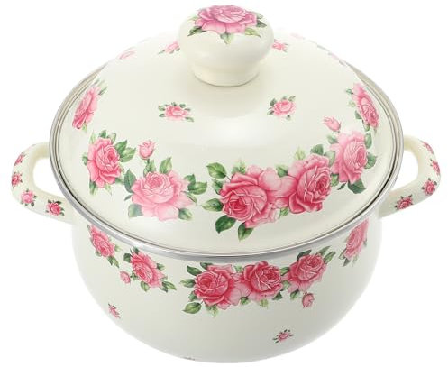 KICHOUSE Olla De Sopa Esmaltada Doméstica 20 Cm Dos Asas, Esmalte Resistente a Altas Temperaturas, Color Rosa Vintage, Ahorro Energético Para Cocina Diaria
