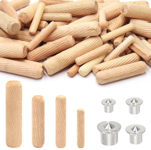 GYSRXS 500 Pieza Surtido de Tacos de Madera M6/M8/M10/M12 Redondos Espigas de Madera con 4 Pasadores de Centrado Tacos para Los Muebles Ranurados de la Maderas Dura