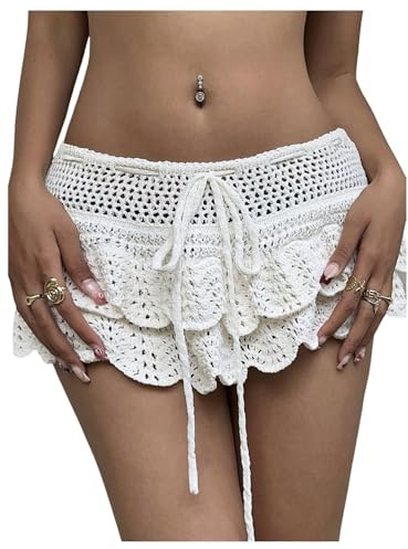 MakeMeChic Women's Crochet Mini Skirt Swimsuit Beach Coverup Tiered Ruffle Boho Skirts White Small