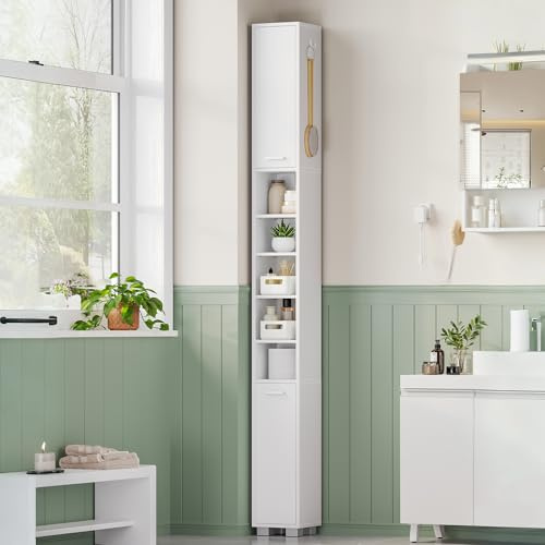 Hzuaneri Badezimmerschrank, Hochschrank mit 2 Aufbewahr. Körbe | Badschrank Schmal Hoch, Verstellbare Regale, Offenen Fach und Tür, 20 × 20 × 200 cm, Weiß, BC28503X