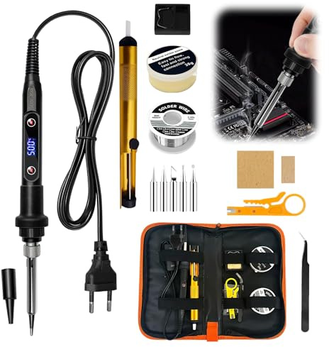 Soldador de estaño 80 W Temperatura ajustable 180 – 500 °C, kit de soldadura electrónica de precisión con pantalla LCD e interruptor ON/OFF, calefacción cerámica rápida, pasta de soldadura y