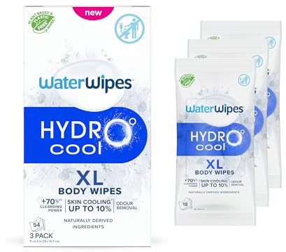 WaterWipes HydroCool Lingettes Rafraîchissantes XL, Nettoyantes pour le Corps, Effet Frais Instantané, Élimine Odeurs et Transpiration, Idéales pour le Sport & les Voyages, 54 Lingettes (3 Paquet)
