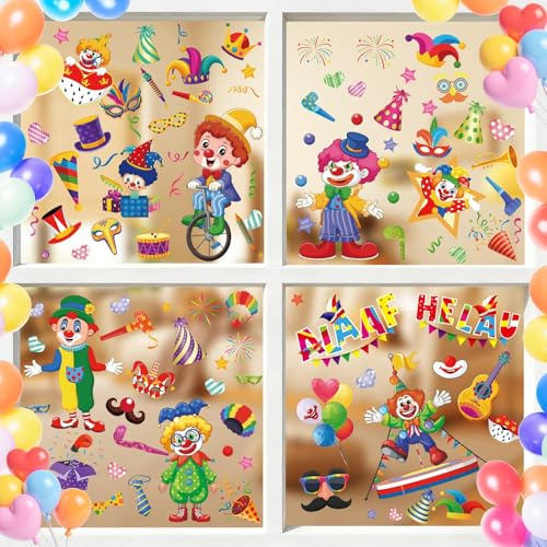 AhfuLife 102 Stück Karneval Deko Fensterbilder, 9 Blatt Glückliche Clown Fensterbilder Fasching Kölner Fenster für Deko Zirkus Kölle Alaaf, Kinderzimmer Abziehbilder Aufkleber Party (Karneval Stil 2)
