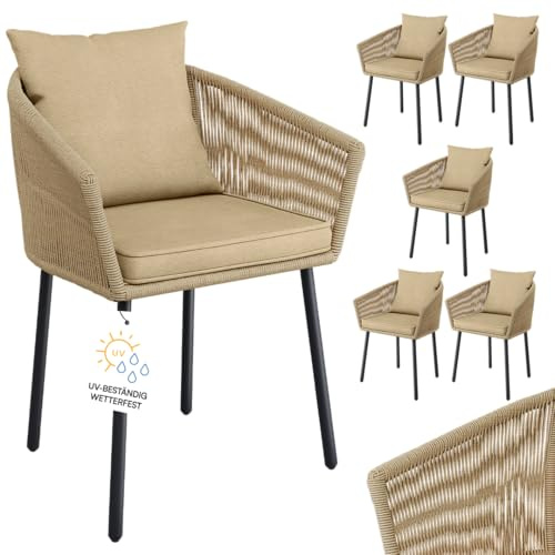 STEELSØN Nair Gartenstühle 6er Set – Terrassenstühle aus Rattan Hellbraun – Outdoor Schalenstuhl für Terrasse/Garten/Balkon – Loungesessel wetterfest Metallgestell – Balkonstuhl mit Kissen bis 160 kg