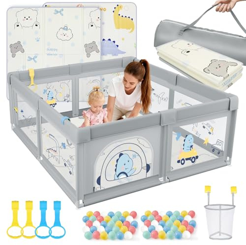 SOFTHOM Laufstall Baby 120x120 mit Matratze, Laufgitter mit 360°Atmungsaktivem Netz, Oxford-Stoff, Rutschfester Basi, Sicher Aktivitätszentrum für Kinder, 60Ozeanbälle/4 Zugringen, Grauer Dinosaurier