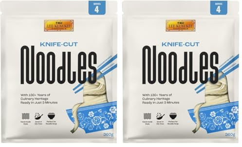 Lee Kum Kee Knife-Cut Noodles 360 g Pack of 2, Ready in 5 Minutes, Handmade-Style Semi-Dried Asian Wheat Noodles, Thick and Chewy Texture, Great for Stir Fry and Soup