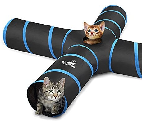 Pawaboo Cat Toys, Cat Tunnel Tube 4 Way Tunnels 25x53cm Extensible Collapsible Cats Play Tent Interactive Toy Maze Cats House with Balls and Bells for Kitten Kitty Rabbit Small Animal, Blue