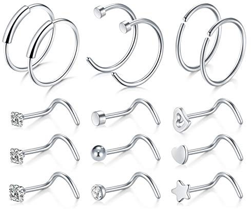 VFUN 15 Stück 20G Chirurgenstahl Nasenpiercing Spirale Ringe Fake Lippenpiercing Damen Herren Schmuck - Silber