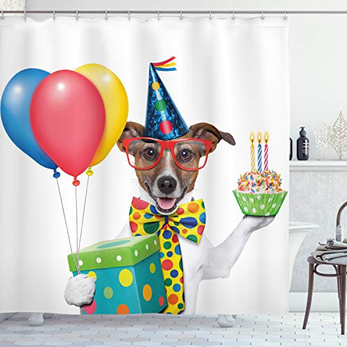 ABAKUHAUS Geburtstag Duschvorhang, Geburtstags-Hund-Kuchen, Stoffliches Gewebe Badezimmerdekorationsset mit Haken, 175 x 200 cm, Weiss Mehrfarbig