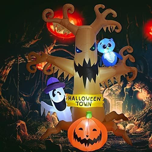 GOOSH 2,4 m Halloween aufblasbare Gegenstände toter Baum Outdoor-Dekorationen mit Eulengeistern und Kürbissen, aufblasbare Hofdekorationen mit integrierten LED-Lichtern für Outdoor-Party, Garten