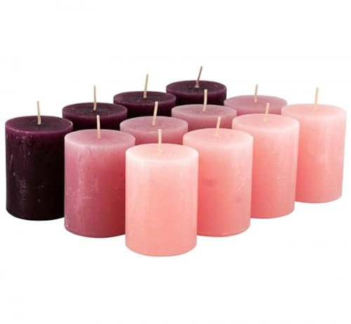 Rustikale Stumpenkerzen – 12 Stück - Wachskerzen/Rustickerzen/Adventskerzen Weihnachten (Rosa-Mix, Klein: Höhe 8cm / Ø 6cm)