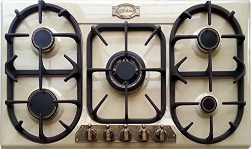 Kaiser KG 9325 Retro - Piano cottura a gas da incasso, 90 cm, autosufficiente, avorio, griglia in ghisa massiccia, bruciatore WOK, 3,8 kW, con adattatore/controllo del gas, gas naturale e propano