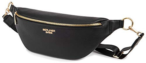 Berliner Bags Premium Bauchtasche Mona XL, Umhängetasche aus Leder, Crossbody Tasche, Gürteltasche für Damen und Herren - Schwarz/Gold