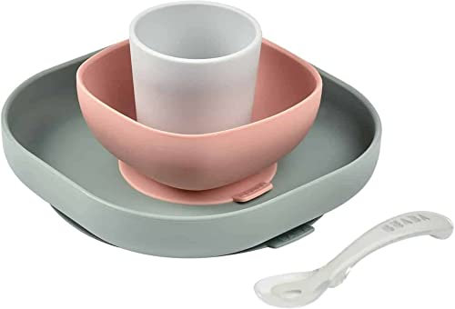 BÉABA, Set Vaisselle Silicone Repas Bébé, Avec Ventouse, Anti-dérapant, 4 Pièces, Assiette + Bol+ Verre + Cuillère, Silicone Saine et Durable, Compatible lave-vaisselle, Micro-onde, Eucalyptus