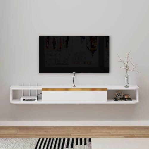Meuble TV Suspendu,Étagère TV Flottante, Support de Télévision Flottant Fixé au Mur Centre de Console Multimédia de Divertissement Grande Armoire de Rangement pour Bureau à Domicile (150cm, Blanc)