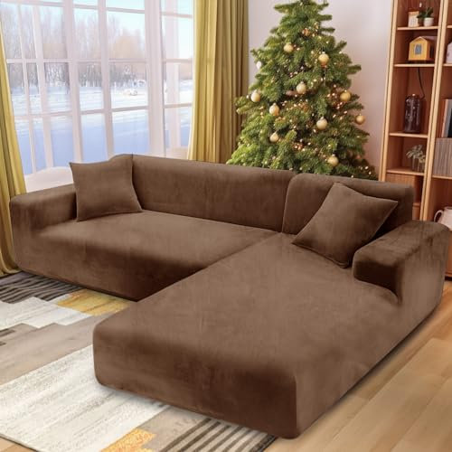 NAKIHOUSE Dicke Samt Sofa Überwürfe Sofabezug mit einem Kissenbezug, Superweicher Elastische Sofa Abdeckung in Khaki Farbe für 1/2/3/4 Sitzer(L-förmiges Ecksofa erfordert Zwei)