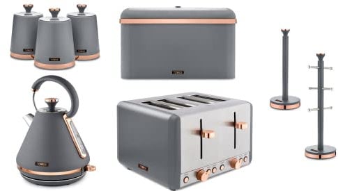 RKW Tower Cavaletto Grey & Rose Gold 3KW 1.7L Pyramid Kettle, 4-Slice 1800W Toaster, Bread Bin, Set of 3 Tea, Coffee, Sugar Canisters, 6 Cup Mug Tree & Towel Pole. Matching Kitchen Set of 8 Items
