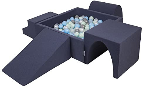 KiddyMoon Aire De Jeux en Mousse avec Carré Piscine À Balles (200 Balles) pour Enfants, Bleu Foncé:Perle/Gris/Transparent/Babyblue/Menthe