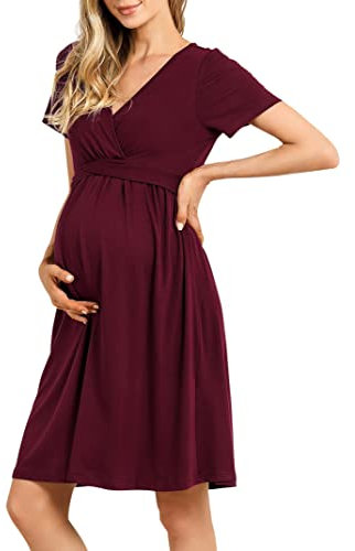 KOJOOIN Robe de maternité à col en V pour Femme Robe de maternité plissée décontractée,Vin Rouge (Manches Courtes),L
