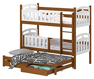 WNM Group Hochbett mit Rausfallschutz und Schublade Suzie - aus Massivholz - Kinderbett Ausziehbar für Mädchen und Jungen - Absturzsicherung Ausziehbett 200x90 / 190x90 cm - Braun