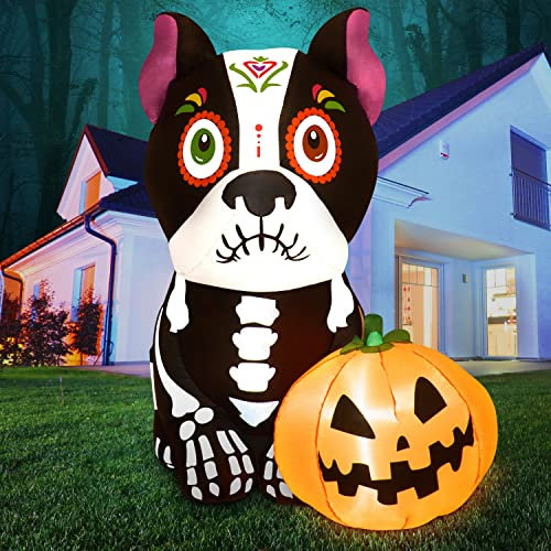 JETEHO Halloween-Dekorationen, aufblasbarer Hund mit Kürbis, Halloween-Zuckerschädel für den Außenbereich, beleuchtete Hofrequisite, Zuhause, Rasen, Party-Dekoration, Tag der Toten Hund für drinnen
