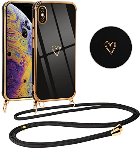 Vauki handyband für iPhone XS Max Hülle mit Band, Handyhülle Silikon Schwarz mit Herz Motiv, Ultra Dünn Stoßfeste Aesthetic Case mit Kordel zum Umhängen für iPhone XS Max 6.5