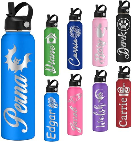 Botellas de agua personalizadas con pajilla, botella de agua deportiva de acero inoxidable personalizada con nombre grabado, botellas de agua de doble pared aisladas personalizadas para deportes