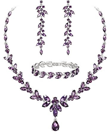 EVER FAITH Schmuckset Österreichisches Kristall Braut Schmuck-Set, elegante Marquise Strass Blatt Halskette mit baumelnden Ohrringen Tennis-Armband-Set, Lila Silber-Tone