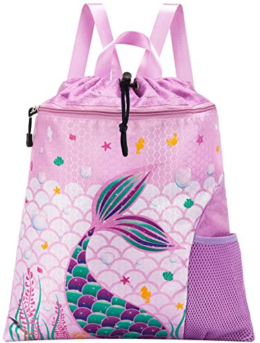 WAWSAM Mermaid Swim Drawstring Bag - 38 × 45 cm Sports Gym PE Bag for Girls Kids Waterproof Swimming Beach Shopping Yoga Backpack and Drawstring kids with Zippered Pocket and Water Bottle Pocket