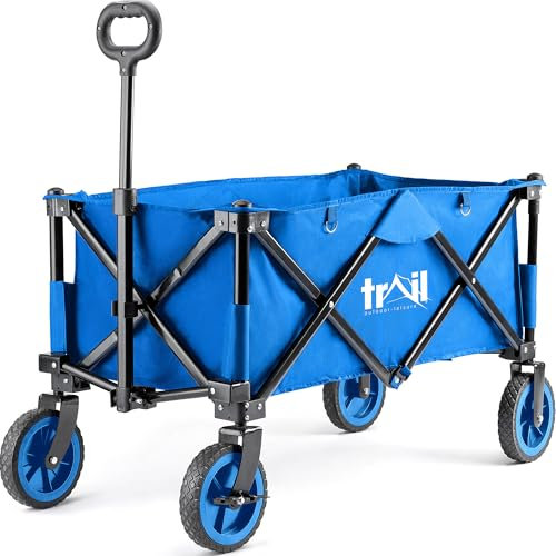 Trail Folding Camping Festival Trolley 80kg Capacity, Beach Picnic Garden Wagon, Heavy Duty, Big Wheels, Adjustable Handle, Reinforced Base, Protective Cover (Blue)