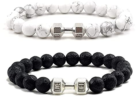 Aktully Schwarzes Hantel-Armband für Herren, Fitness-Armbänder, vulkanische Lava-Perlen, Hantel-Armbänder, Fitness-Hantelarmband für Männer und Frauen, Schmuckgeschenke, 7.8 inches, Stein, Kein