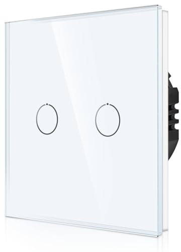 CNBINGO Interrupteur tactile encastré en blanc - Double interrupteur mural avec LED d'état et panneau en verre - Pas de conducteur neutre nécessaire - Interrupteur tactile double - 500 W/compartiment