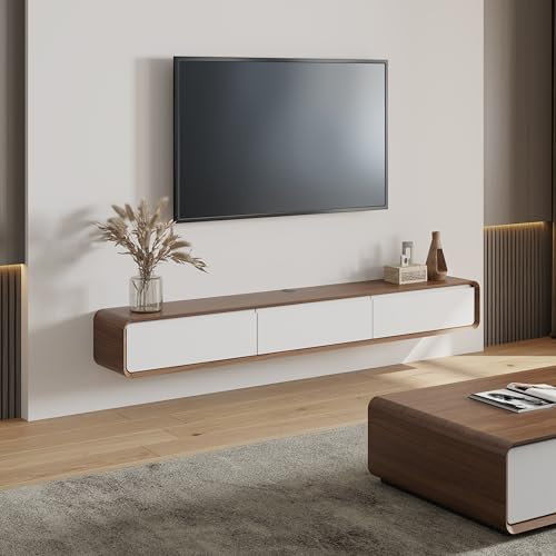 POVISON TV Schrank schwebend 200cm modern Weiß& Eichenoptik aus Massivholz mit 3 Schubladen, TV Lowboard hängend mit Kabelmanagement hochwertig, Komplettmöbel mit Stauraum für Wohnzimmer